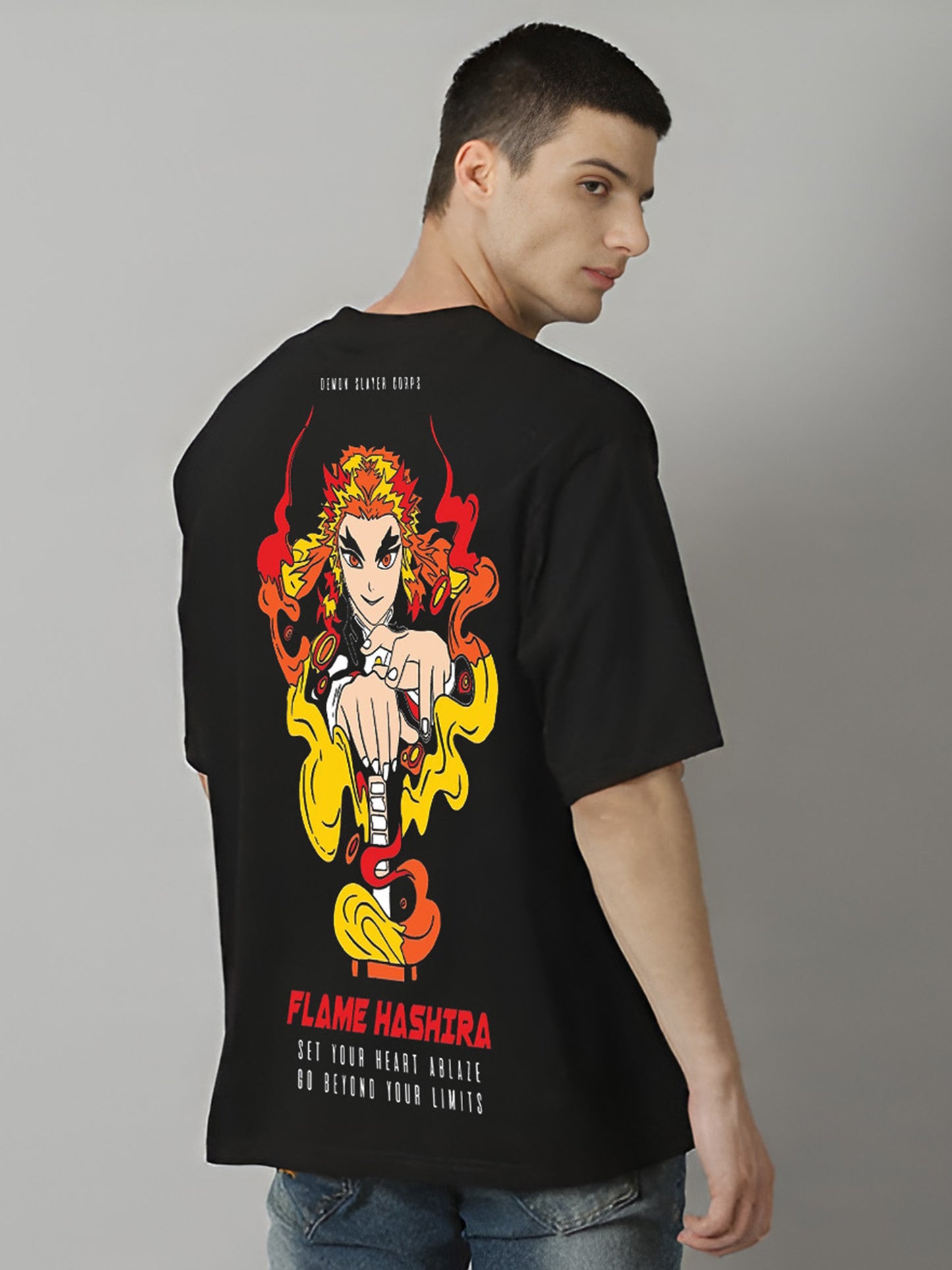 Rengoku Flame Hashira Demon-Slayer Printed Pure Cotton Oversized Black T-shirt