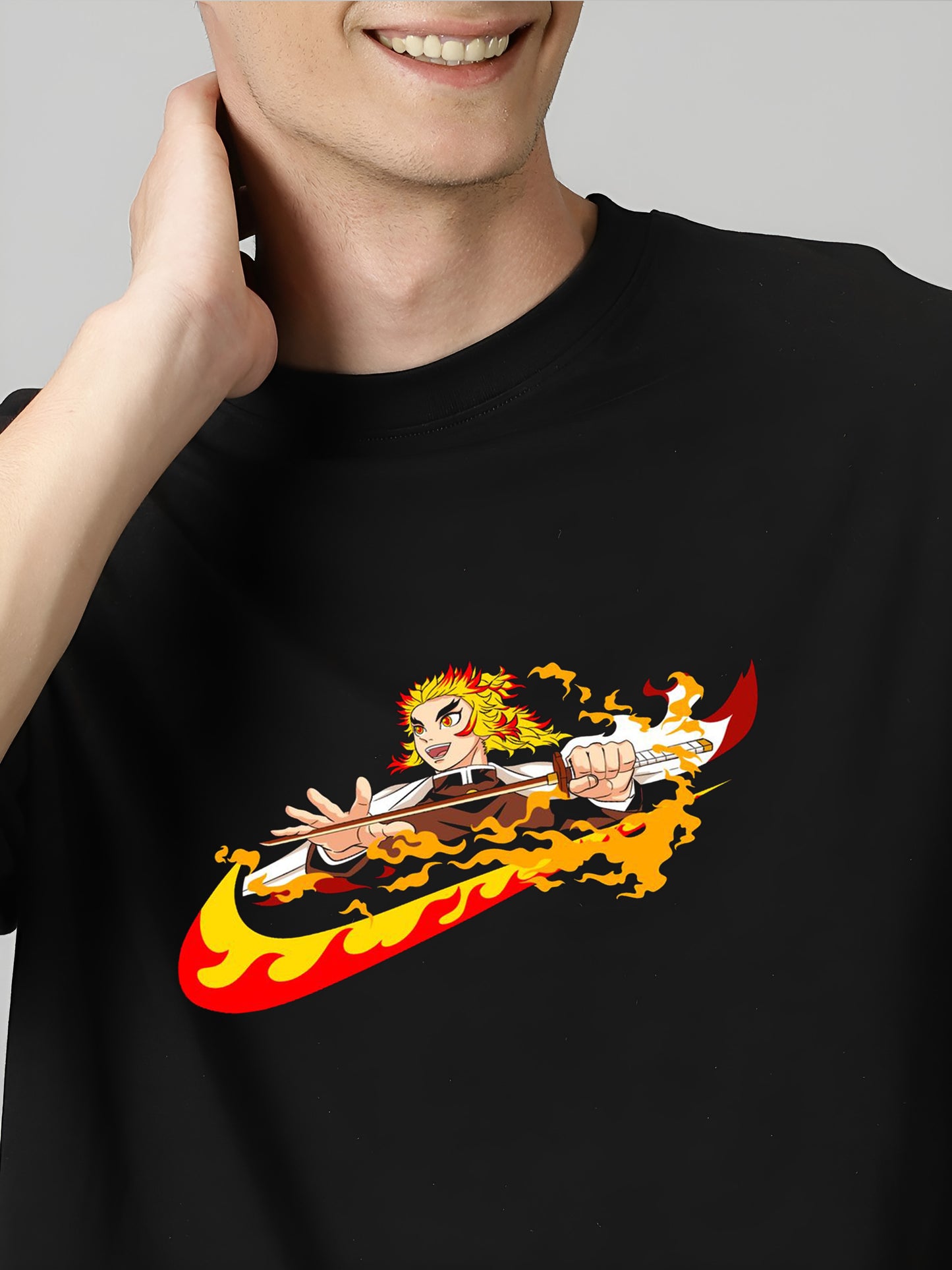 Rengoku Flame Hashira Demon-Slayer Printed Pure Cotton Oversized Black T-shirt
