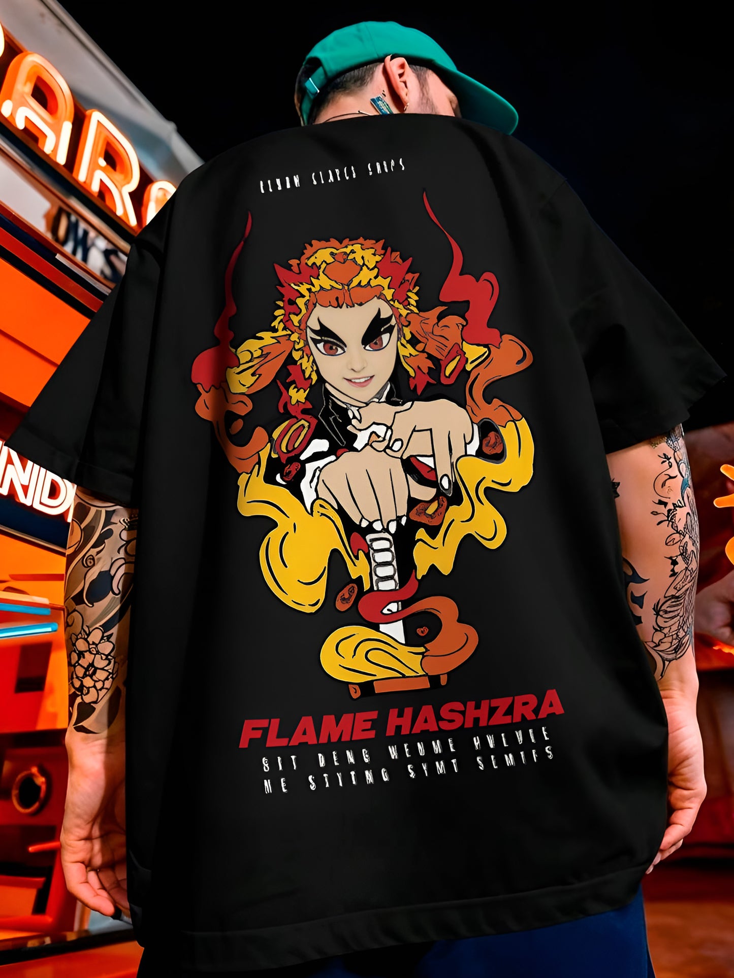 Rengoku Flame Hashira Demon-Slayer Printed Pure Cotton Oversized Black T-shirt