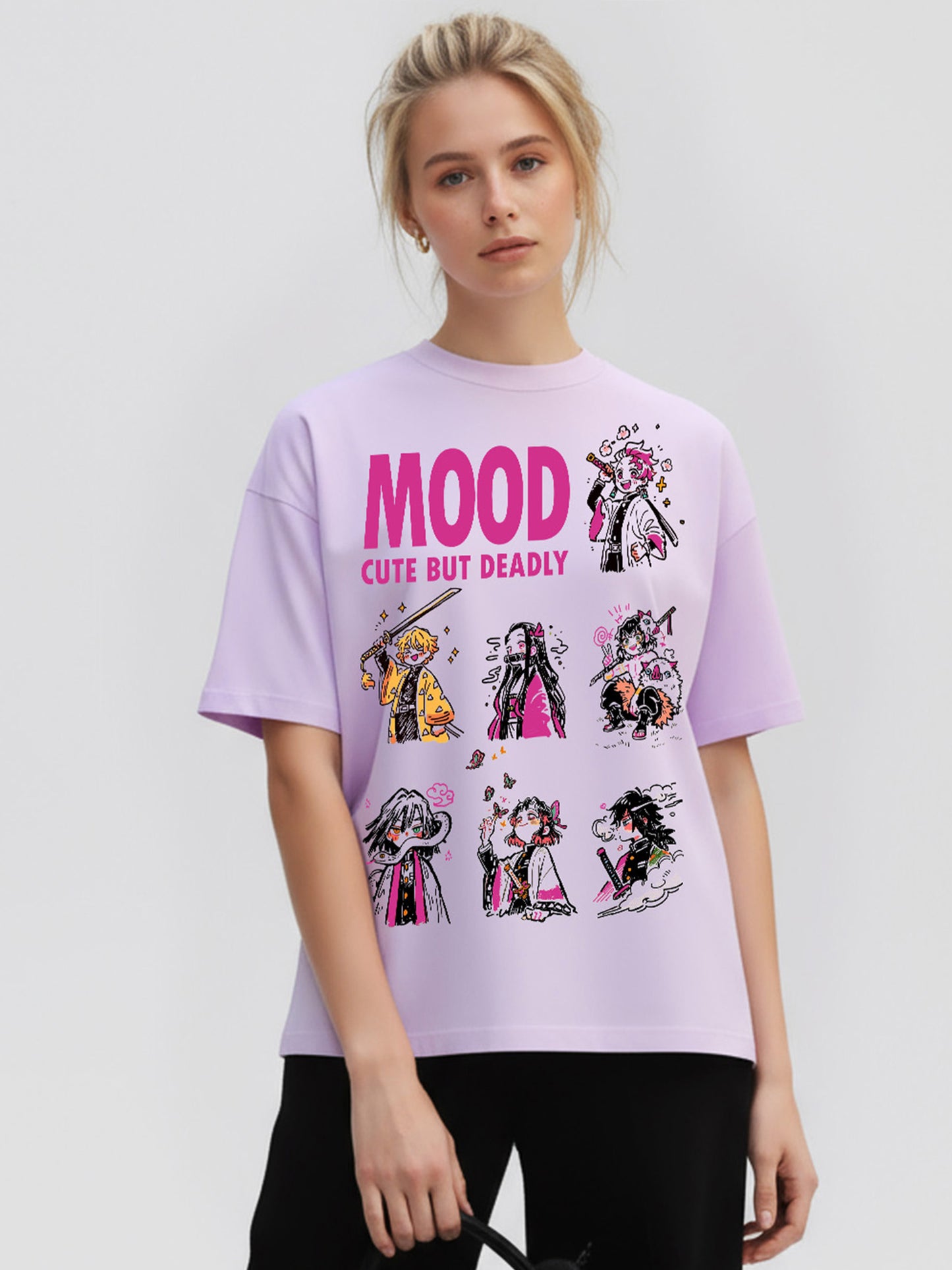 Cute but Deadly Demon-Slayer Mood Printed Pure Cotton Oversized T-shirt