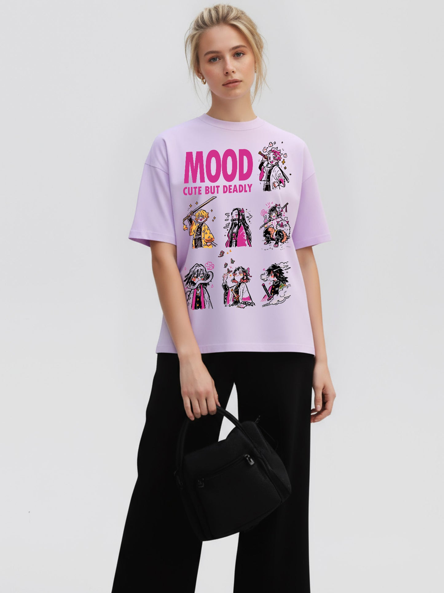 Cute but Deadly Demon-Slayer Mood Printed Pure Cotton Oversized T-shirt