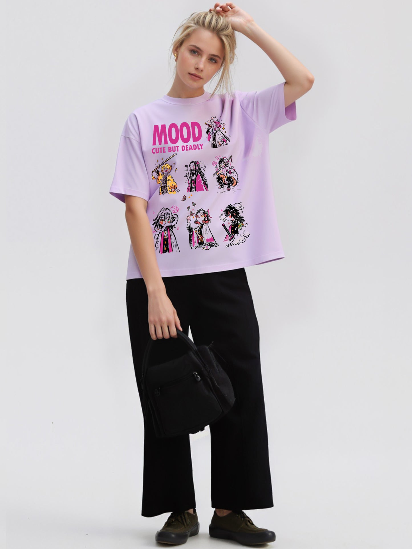 Cute but Deadly Demon-Slayer Mood Printed Pure Cotton Oversized T-shirt