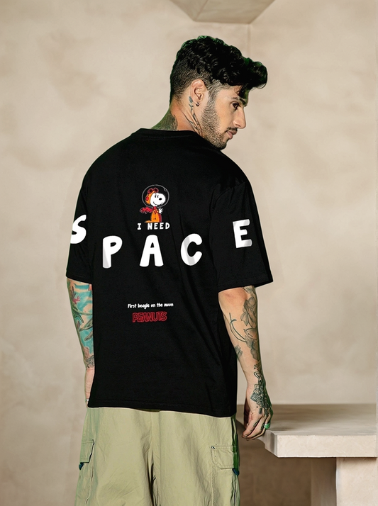 Space Snoopy Printed Pure Cotton Oversized Black T-shirt