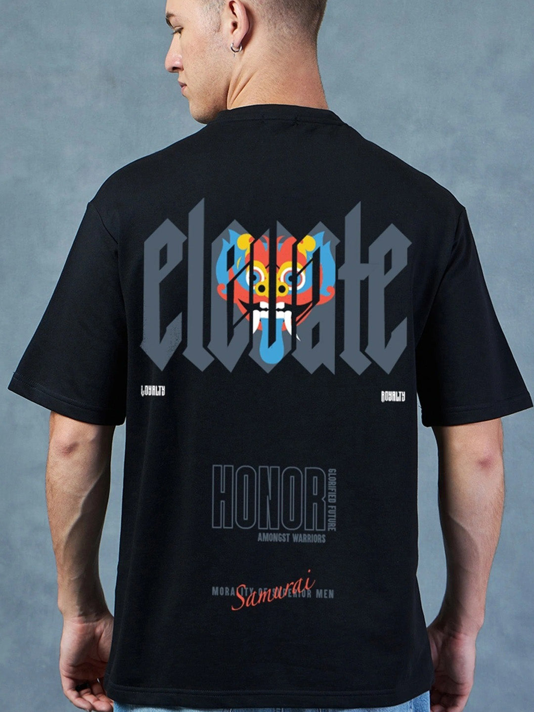 Elevate Printed Pure Cotton Oversized Black T-shirt