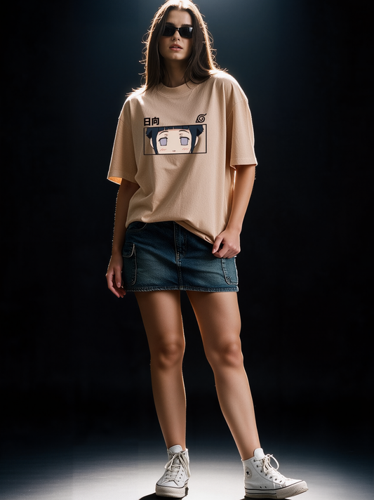 Hinata Hyuga - Ninja Printed Pure Cotton Oversized Beige T-shirt