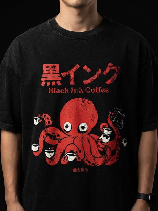 Black Ink Coffee Printed Pure Cotton Oversized Black T-shirt