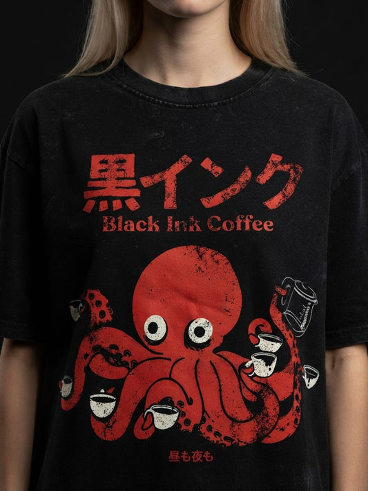 Black Ink Coffee Printed Pure Cotton Oversized Black T-shirt