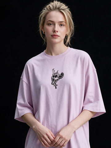 Fall Skeleton Printed Pure Cotton Oversized Lavender T-shirt