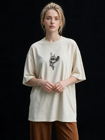 Fall Skeleton Printed Pure Cotton Oversized Off White T-shirt