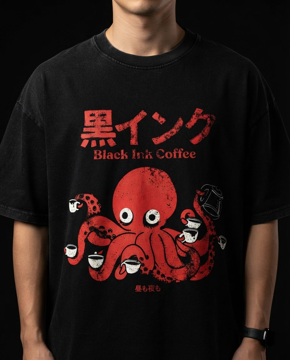 Black Ink Coffee Printed Pure Cotton Oversized Black T-shirt