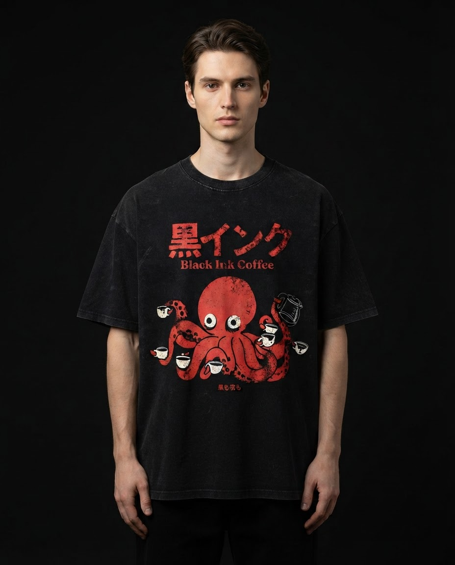 Black Ink Coffee Printed Pure Cotton Oversized Black T-shirt