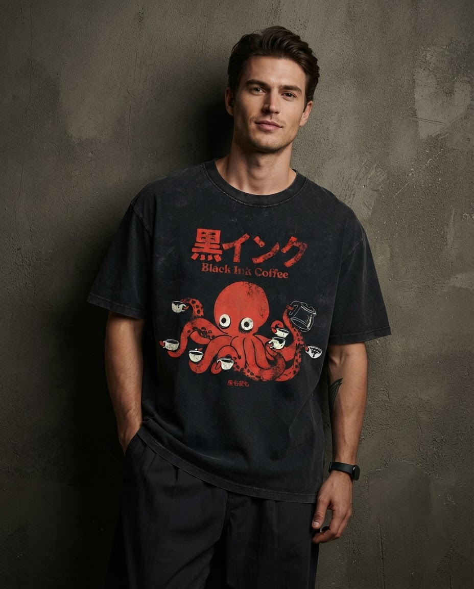 Black Ink Coffee Printed Pure Cotton Oversized Black T-shirt