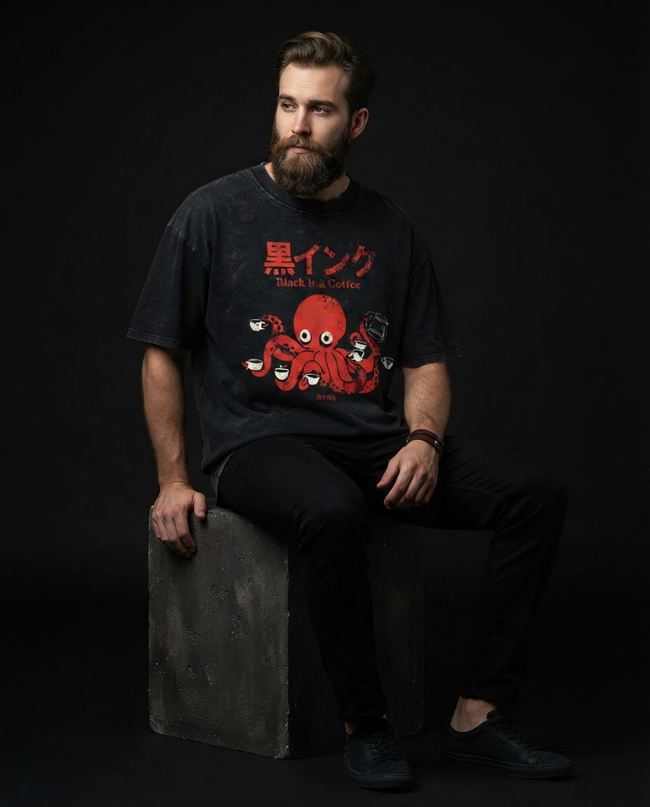 Black Ink Coffee Printed Pure Cotton Oversized Black T-shirt