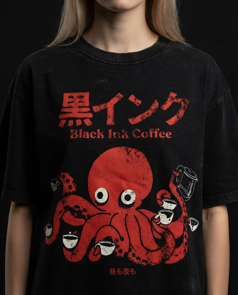 Black Ink Coffee Printed Pure Cotton Oversized Black T-shirt
