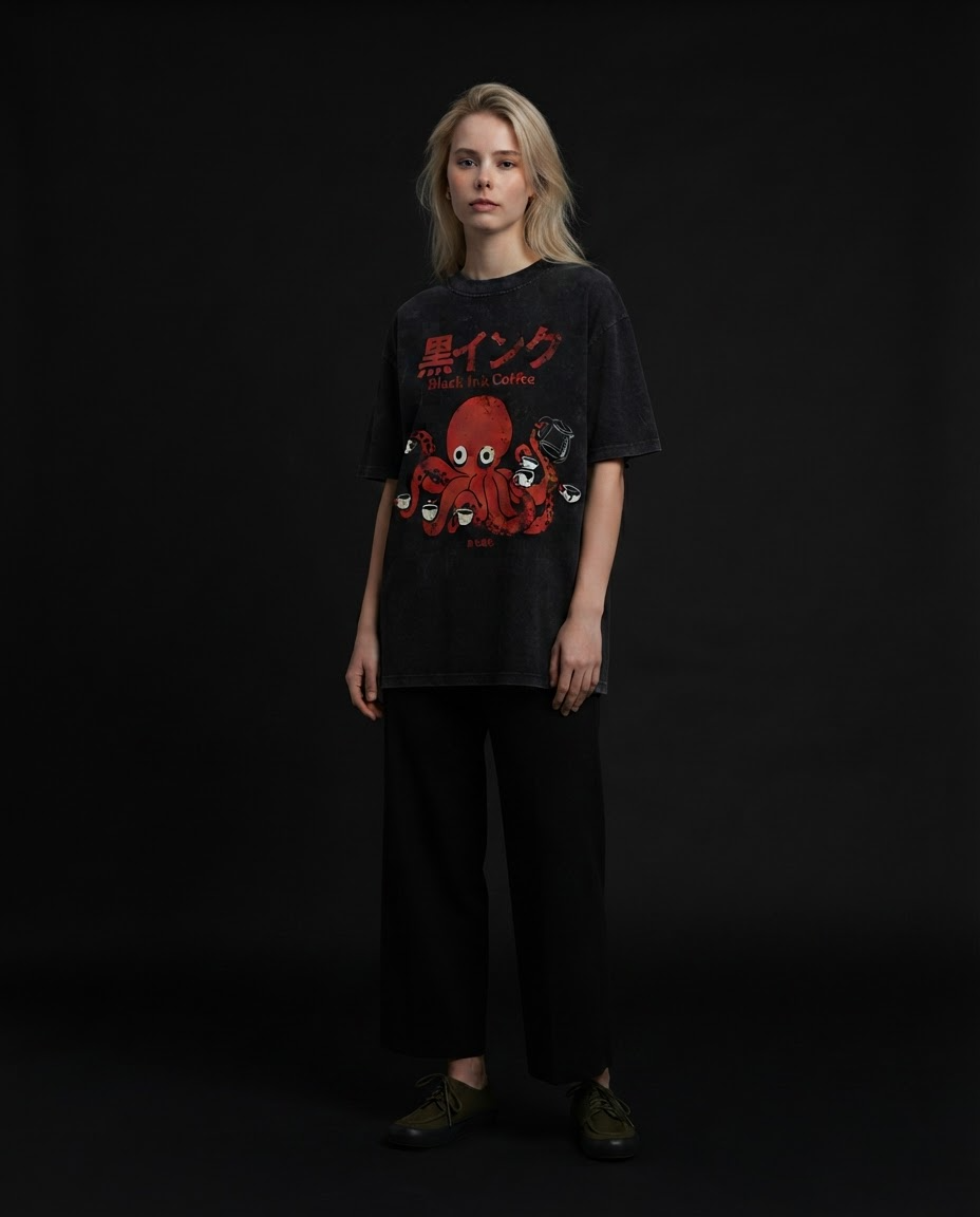 Black Ink Coffee Printed Pure Cotton Oversized Black T-shirt