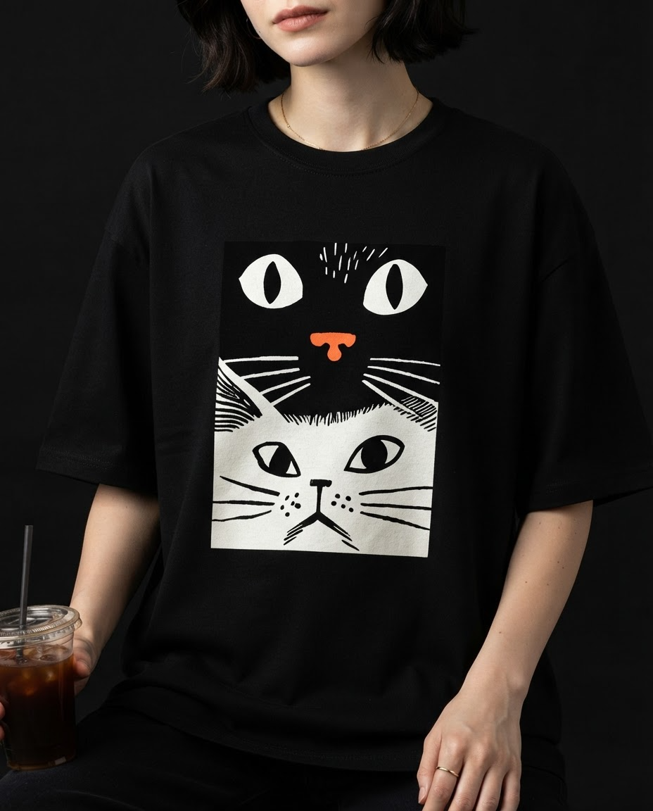Black & White Cat Printed Pure Cotton Oversized Black T-shirt