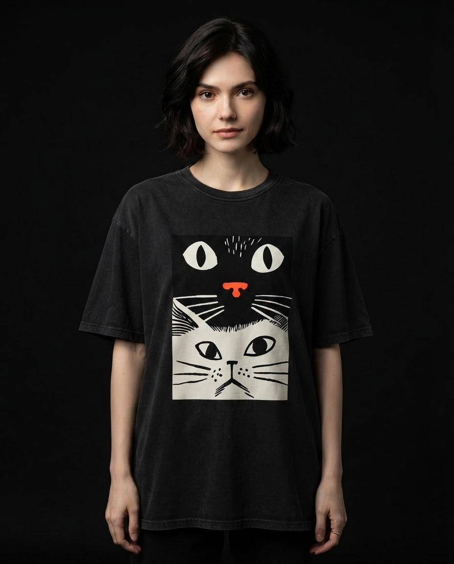 Black & White Cat Printed Pure Cotton Oversized Black T-shirt