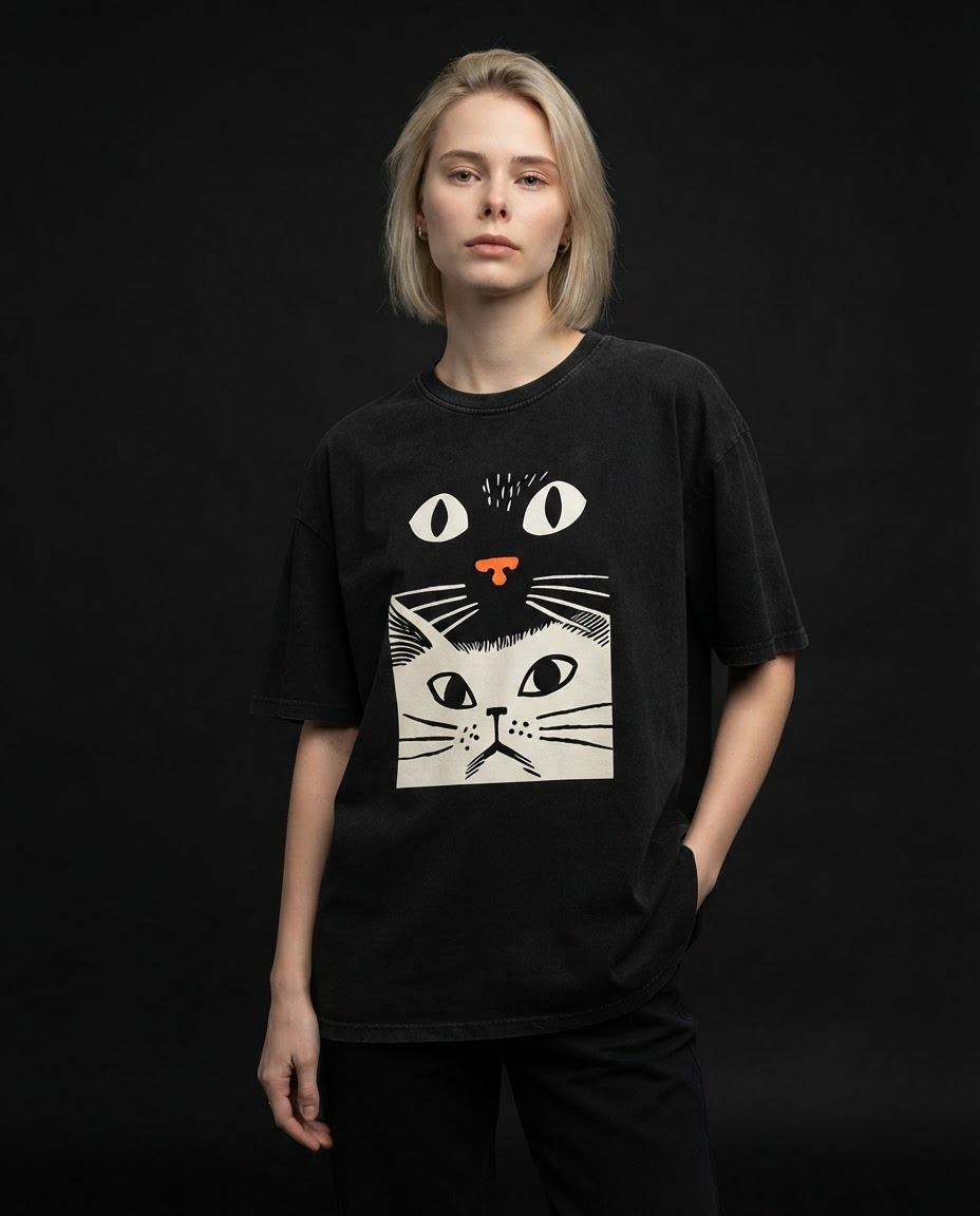 Black & White Cat Printed Pure Cotton Oversized Black T-shirt