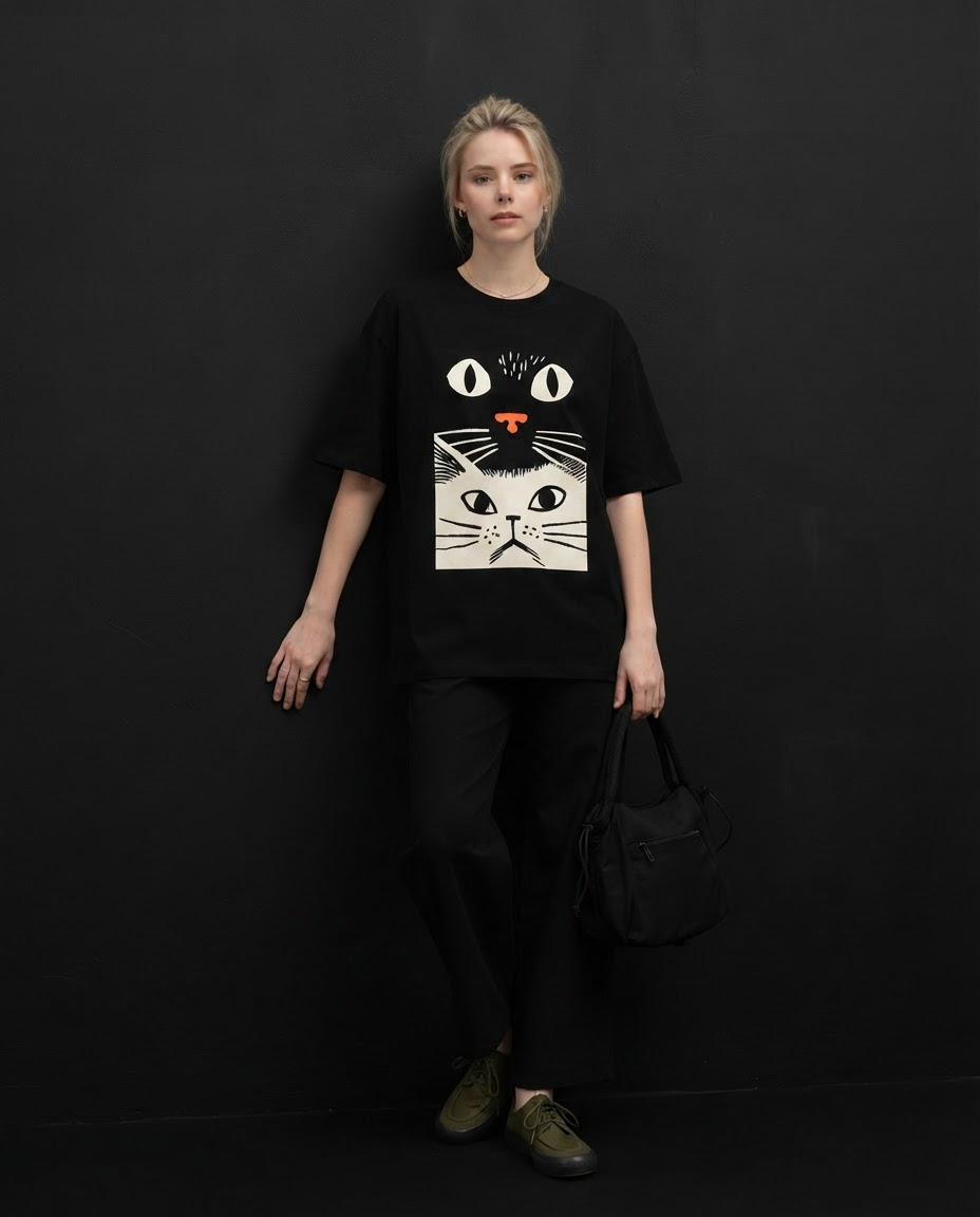Black & White Cat Printed Pure Cotton Oversized Black T-shirt