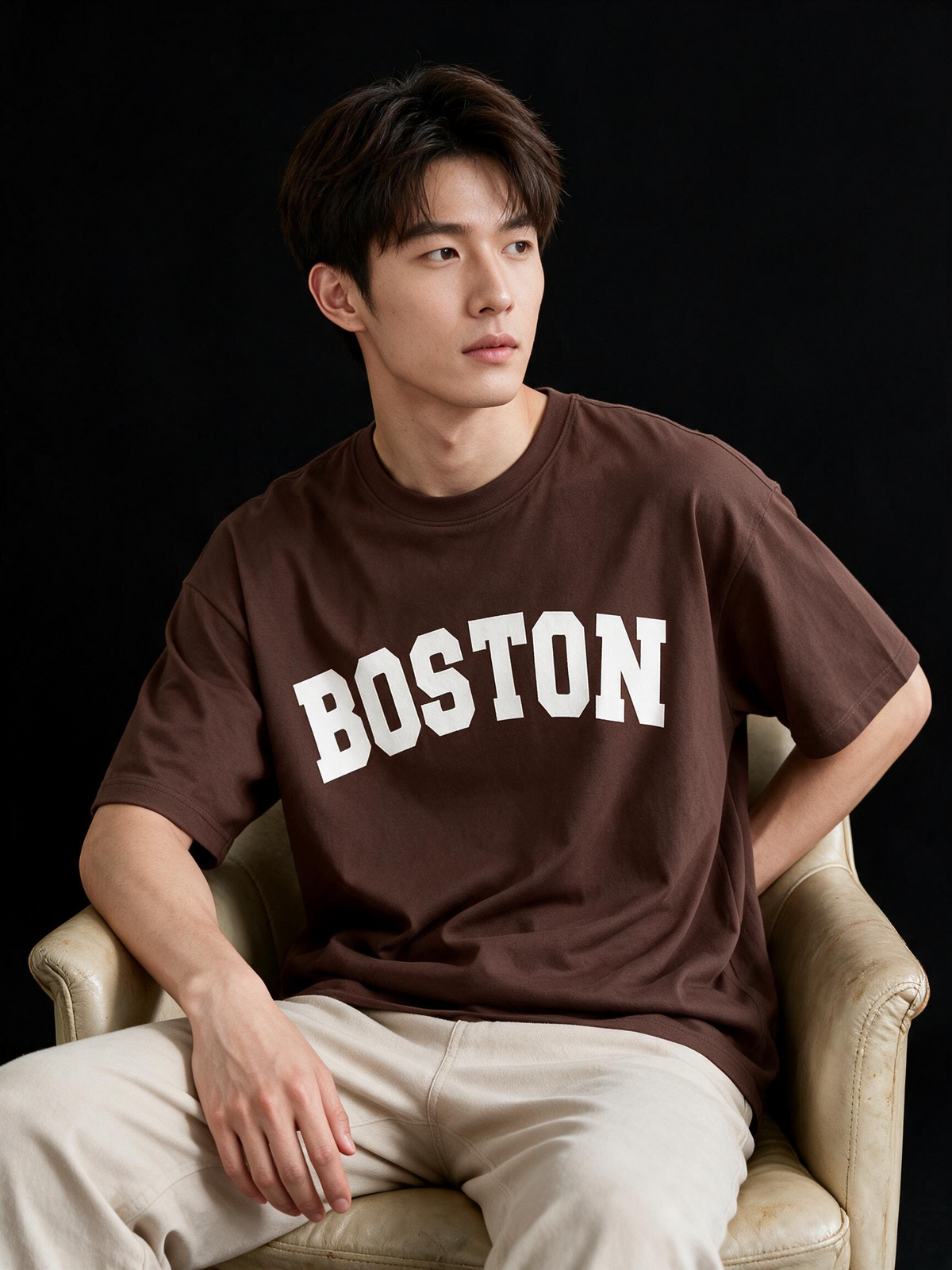 Boston Typography Printed Pure Cotton Oversized Brown T-shirt