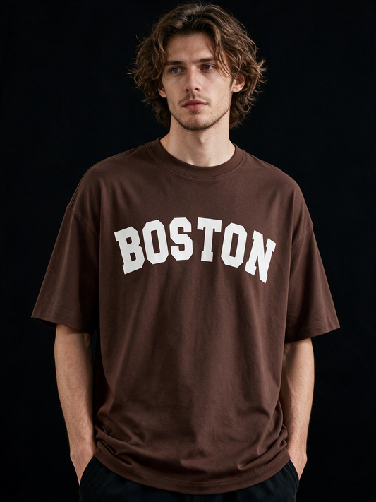 Boston Typography Printed Pure Cotton Oversized Brown T-shirt
