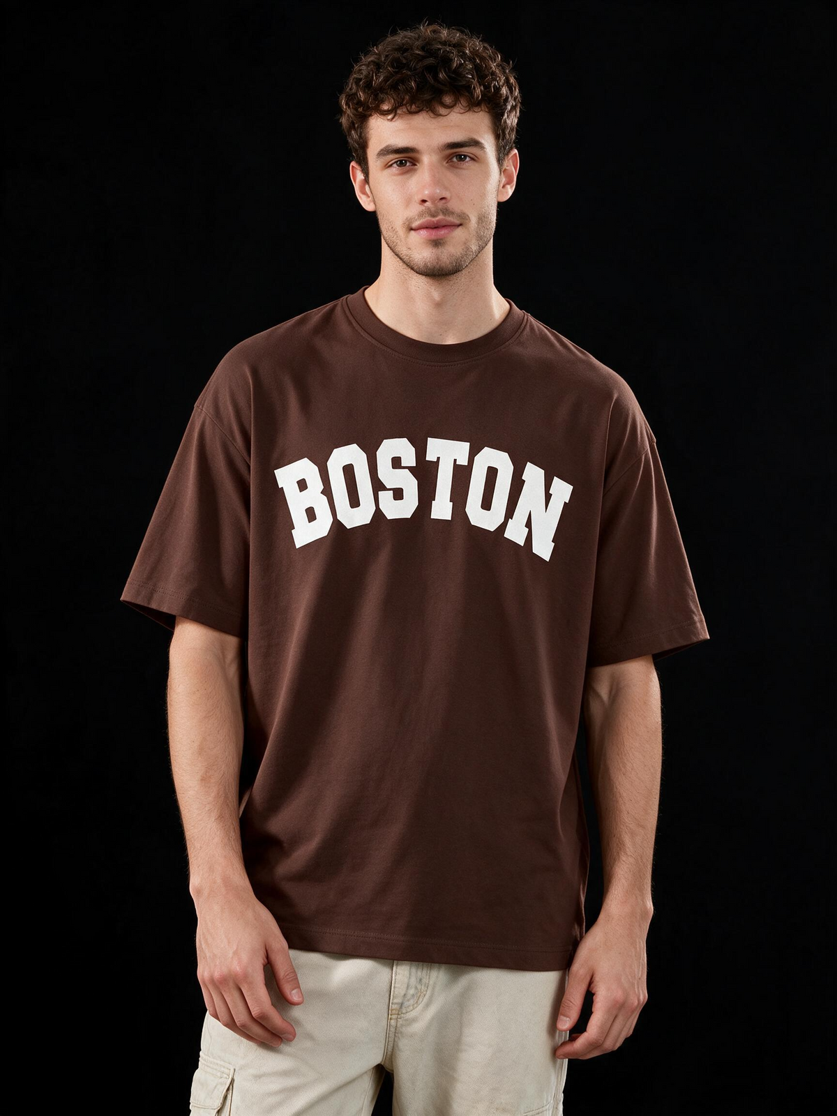 Boston Typography Printed Pure Cotton Oversized Brown T-shirt