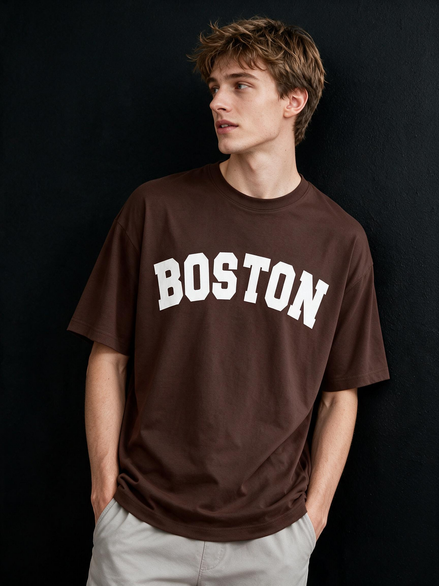 Boston Typography Printed Pure Cotton Oversized Brown T-shirt