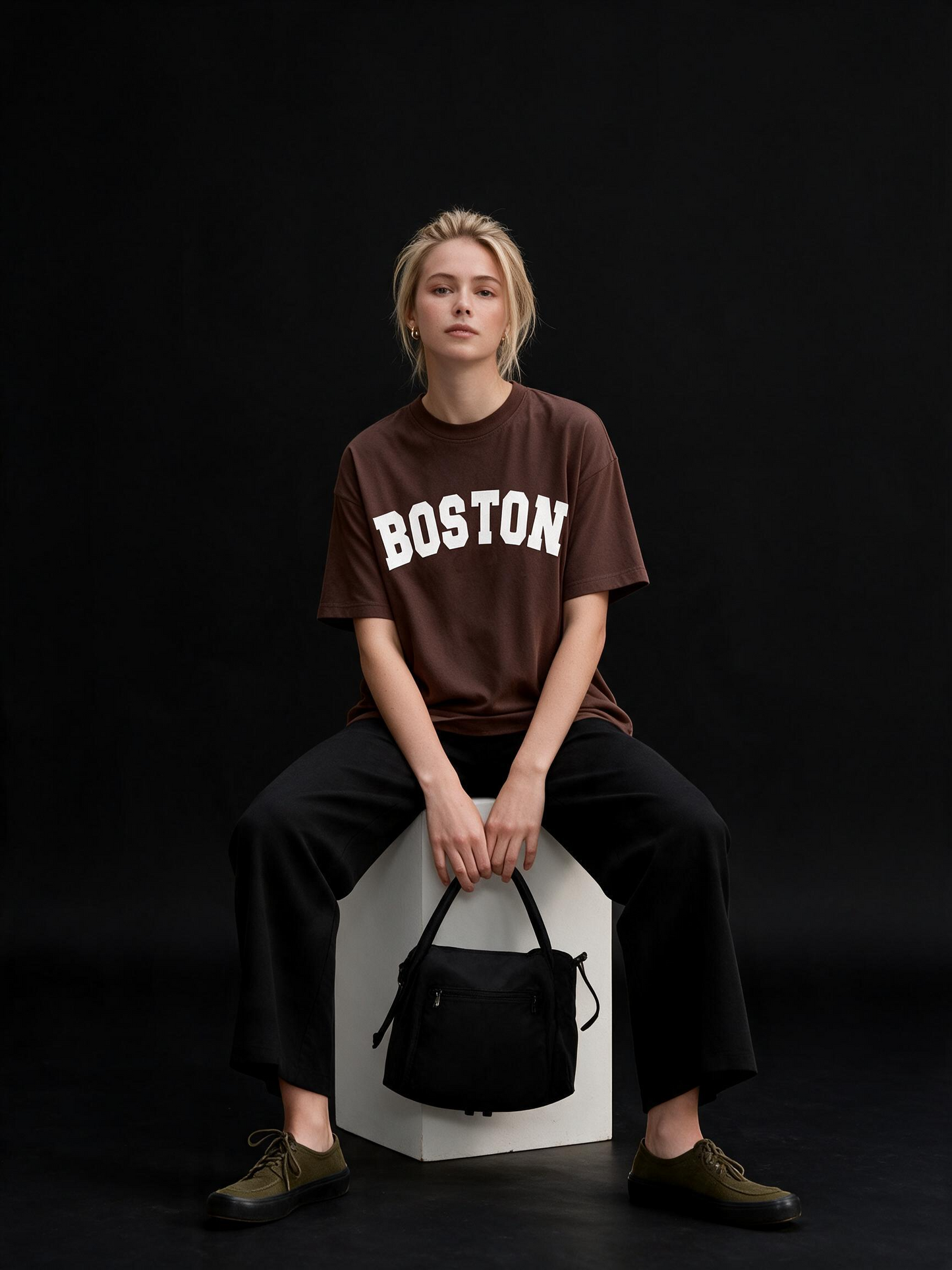Boston Typography Printed Pure Cotton Oversized Brown T-shirt