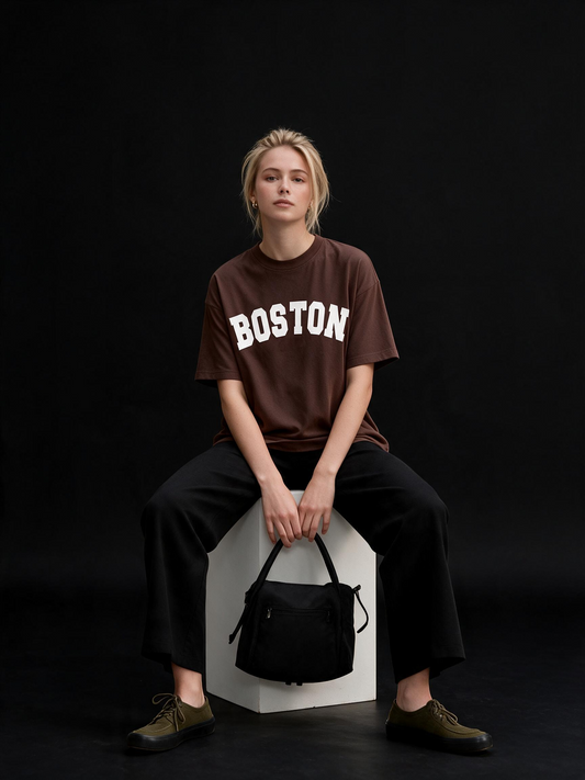 Boston Typography Printed Pure Cotton Oversized Brown T-shirt