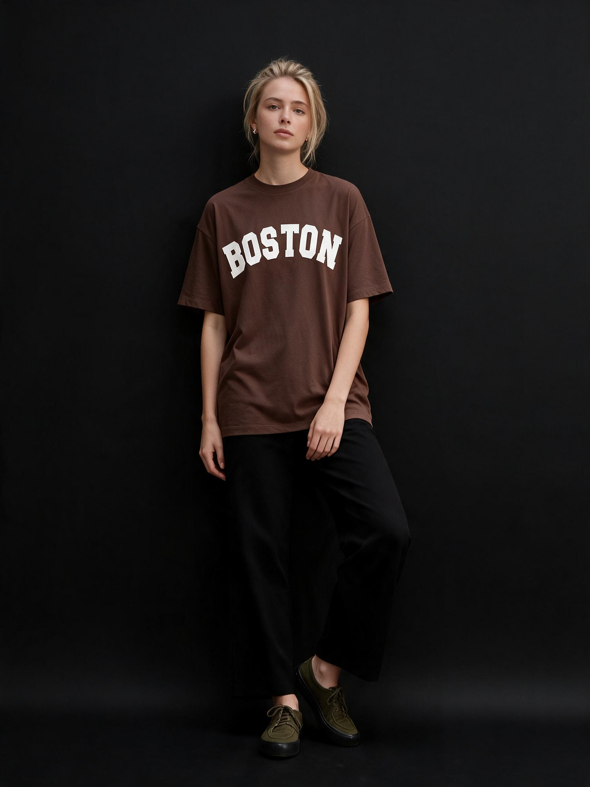 Boston Typography Printed Pure Cotton Oversized Brown T-shirt