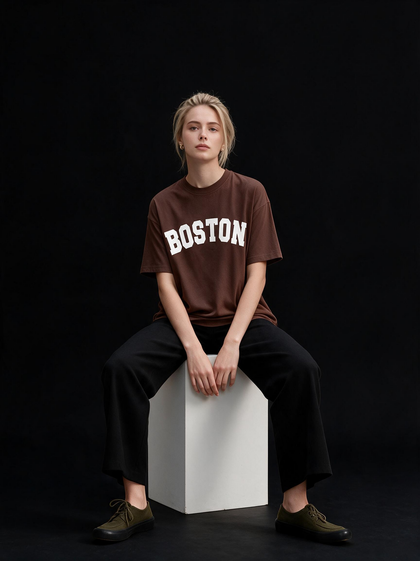 Boston Typography Printed Pure Cotton Oversized Brown T-shirt