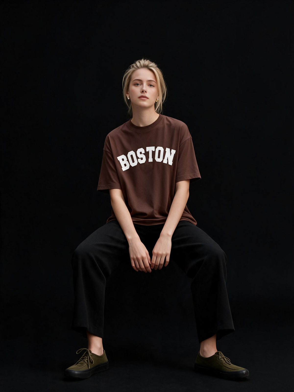 Boston Typography Printed Pure Cotton Oversized Brown T-shirt