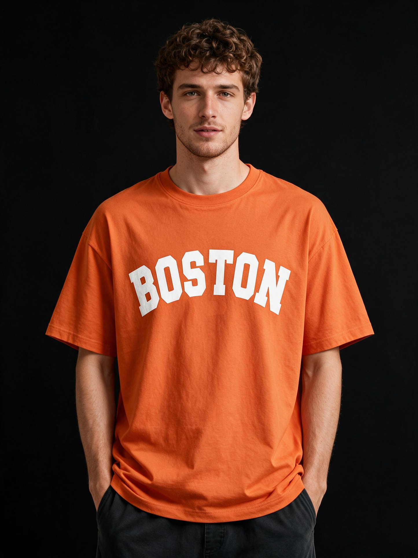 Boston Typography Printed Pure Cotton Oversized Orange T-shirt