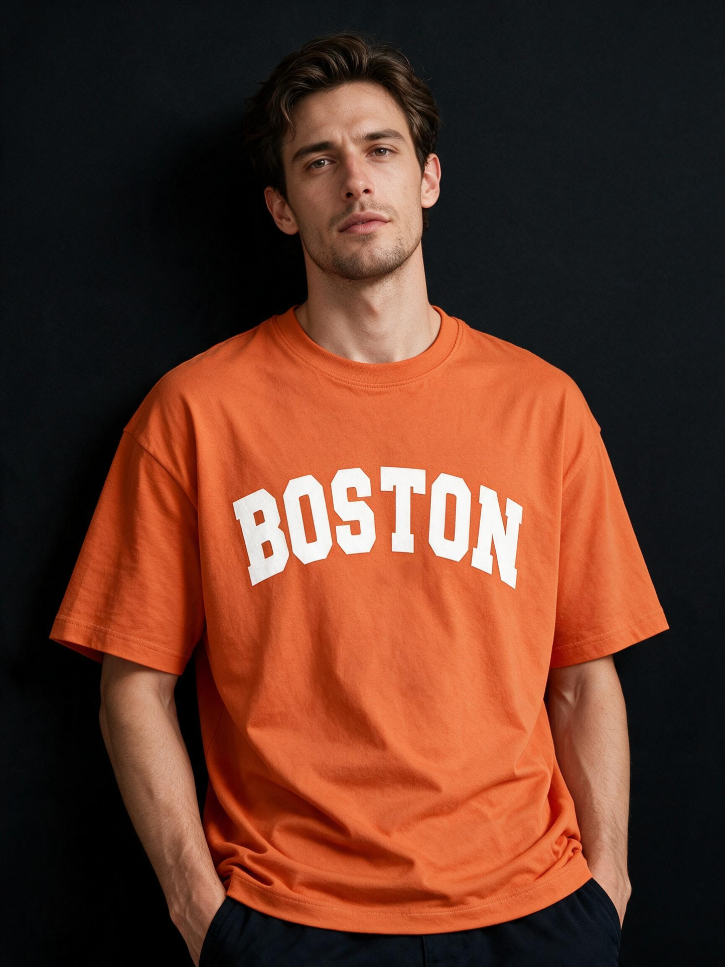 Boston Typography Printed Pure Cotton Oversized Orange T-shirt