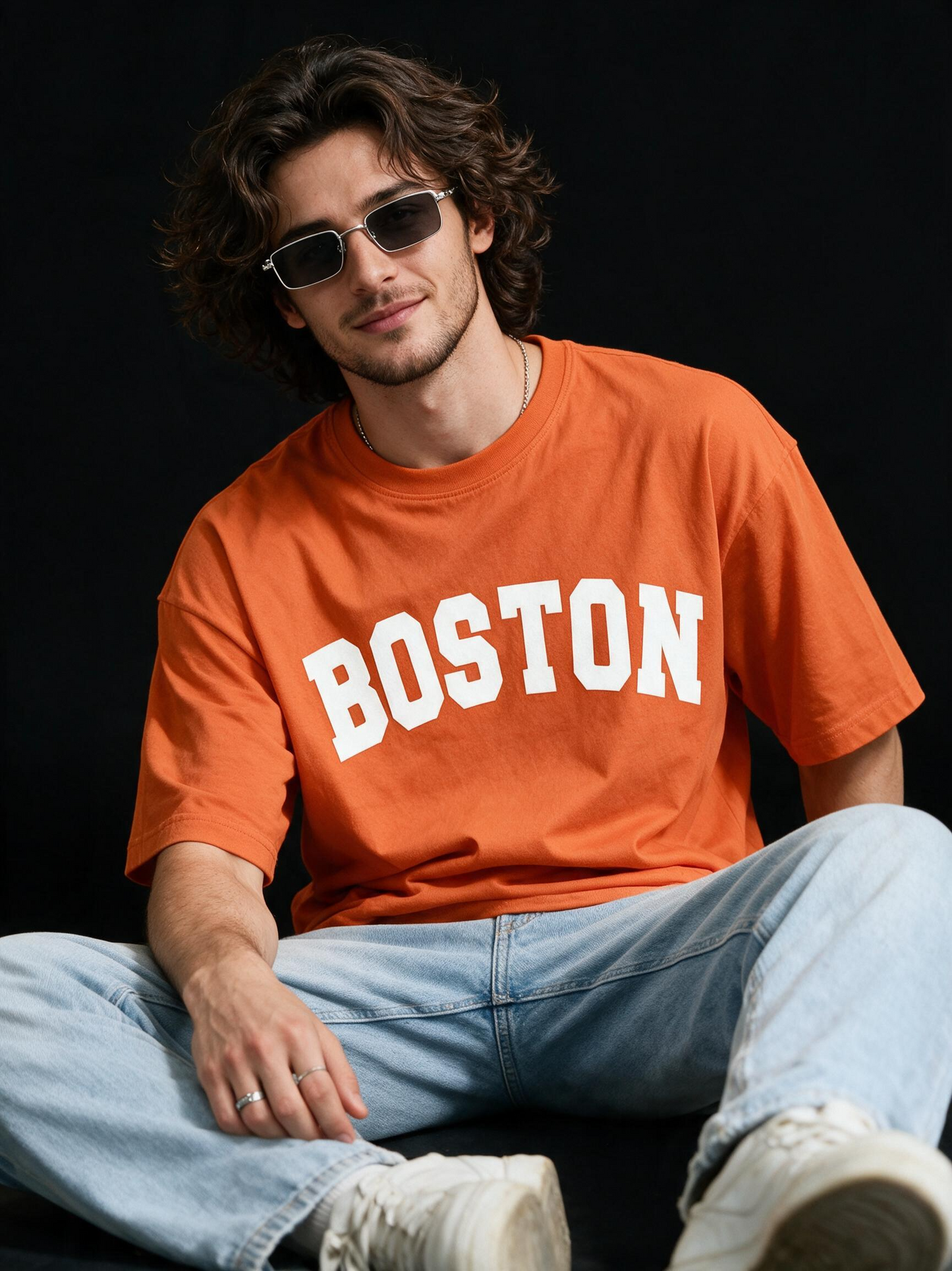 Boston Typography Printed Pure Cotton Oversized Orange T-shirt