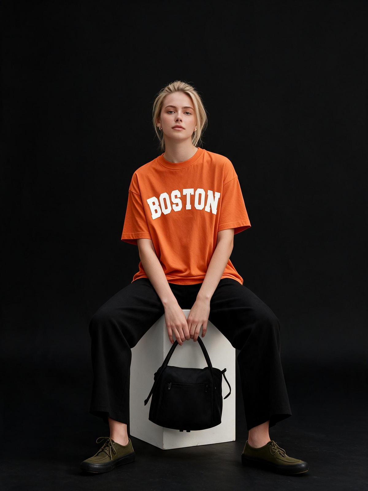Boston Typography Printed Pure Cotton Oversized Orange T-shirt