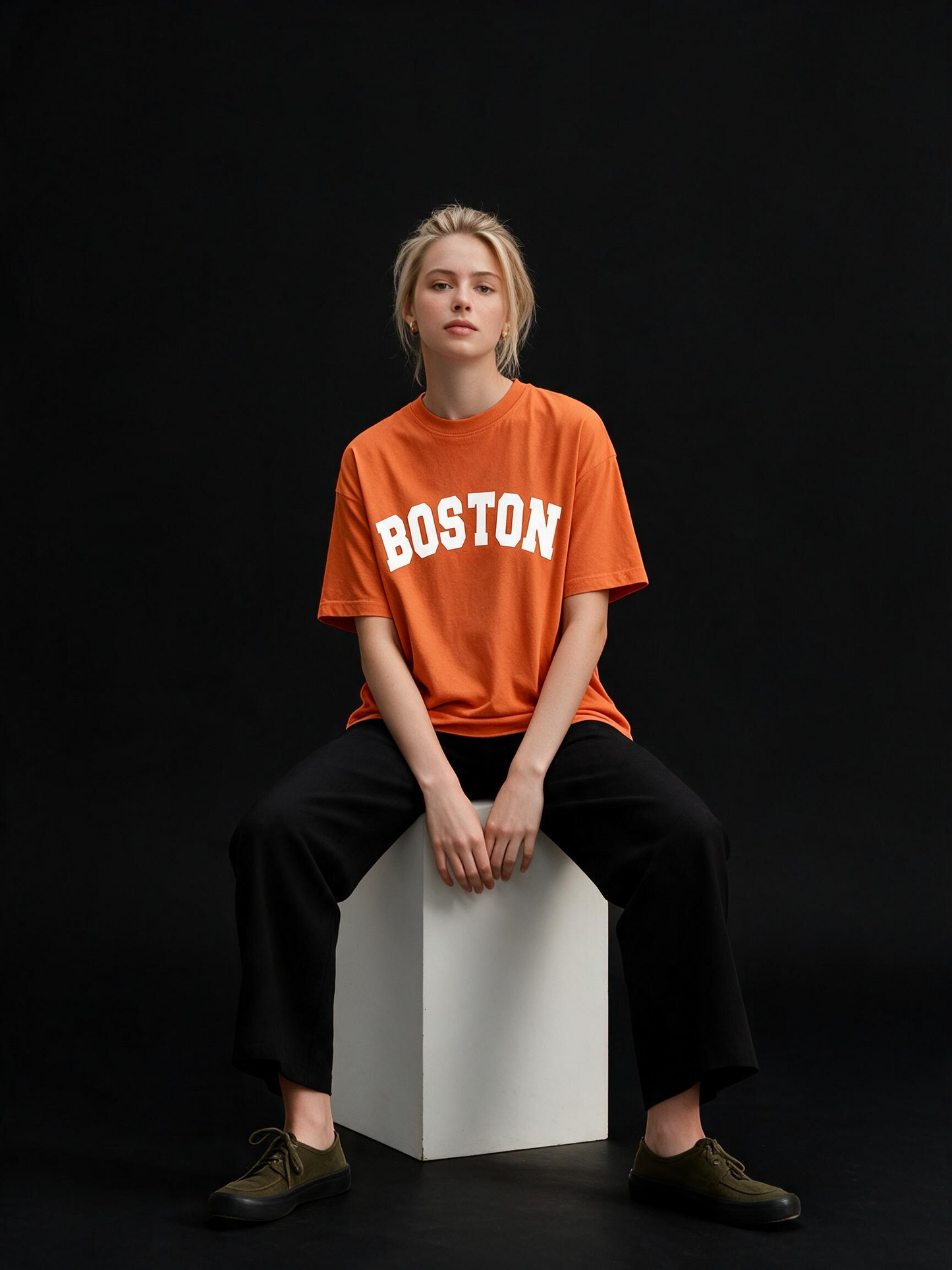 Boston Typography Printed Pure Cotton Oversized Orange T-shirt