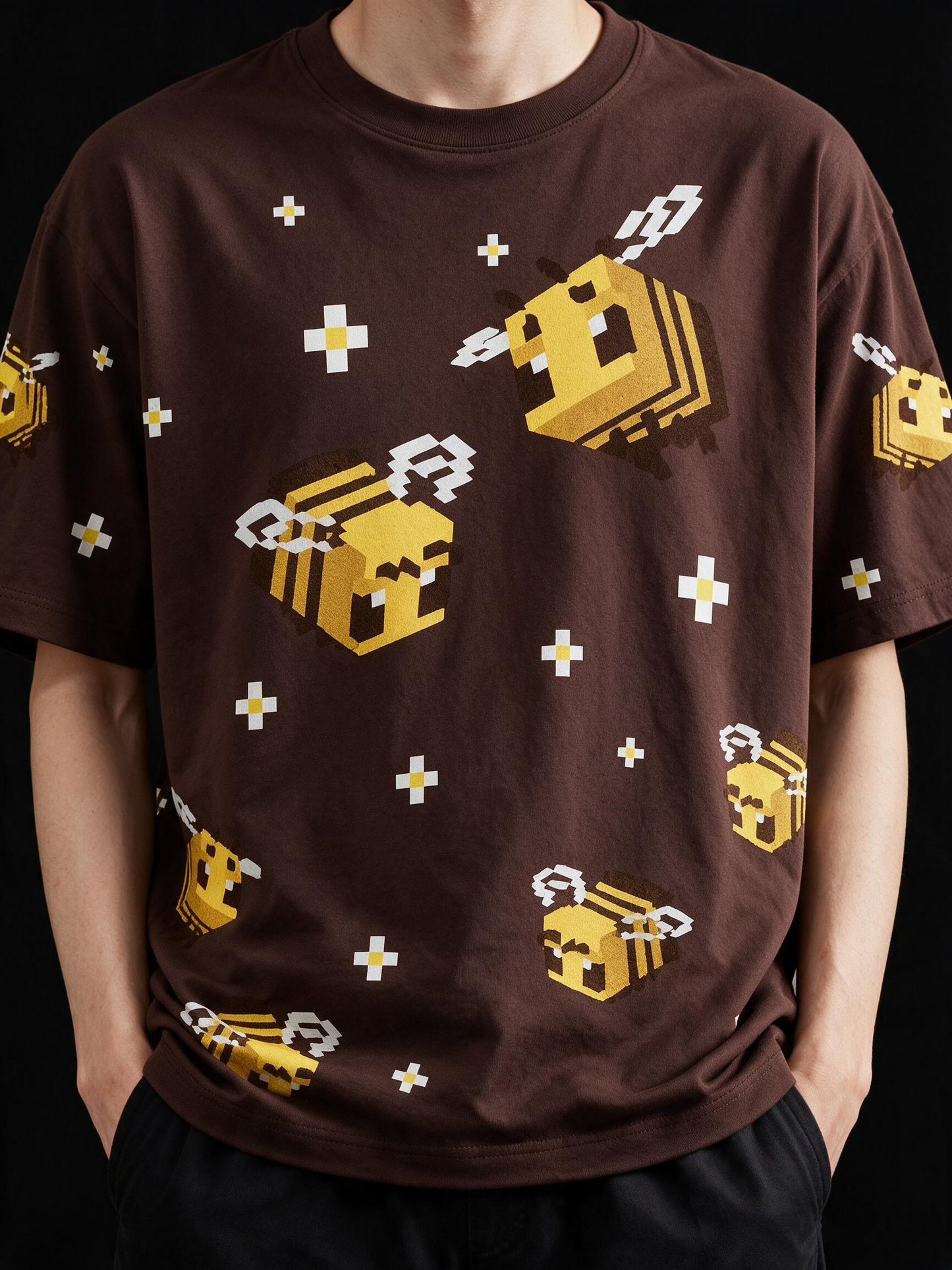 Box Bee All-Over Printed Pure Cotton Oversized Brown T-shirt