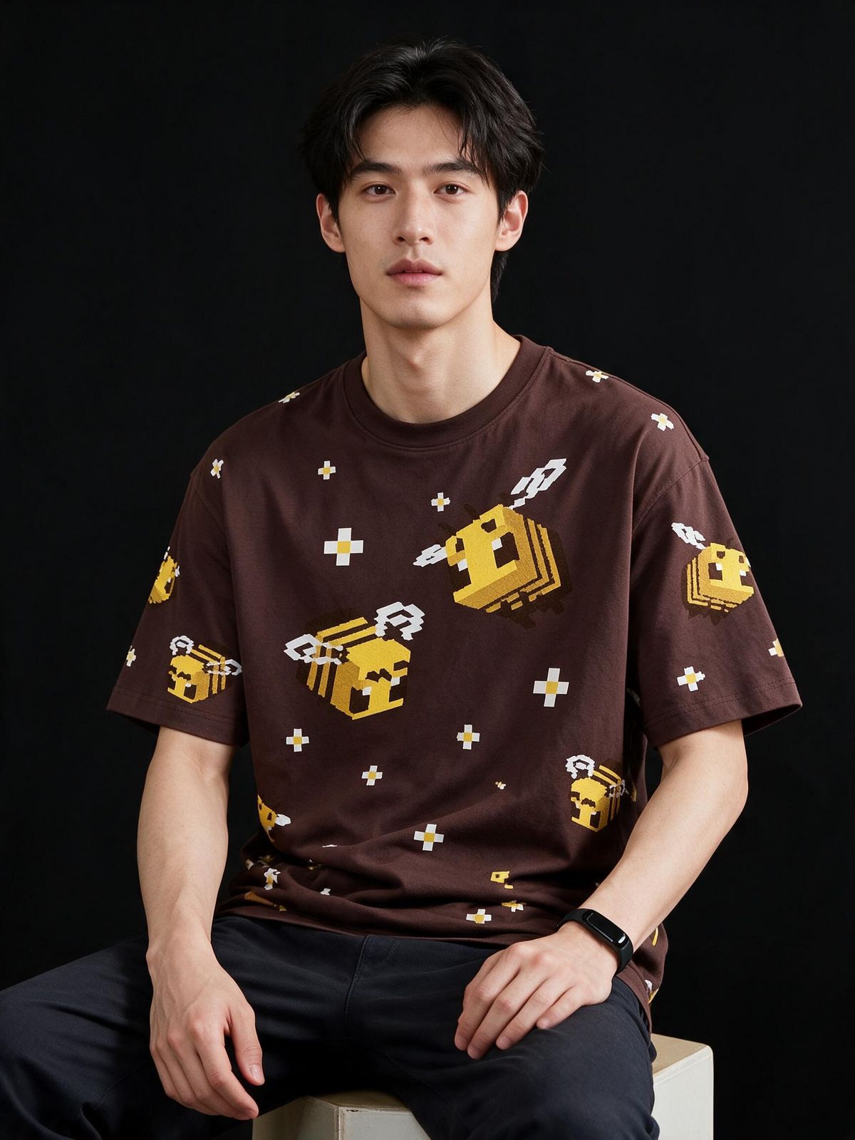 Box Bee All-Over Printed Pure Cotton Oversized Brown T-shirt