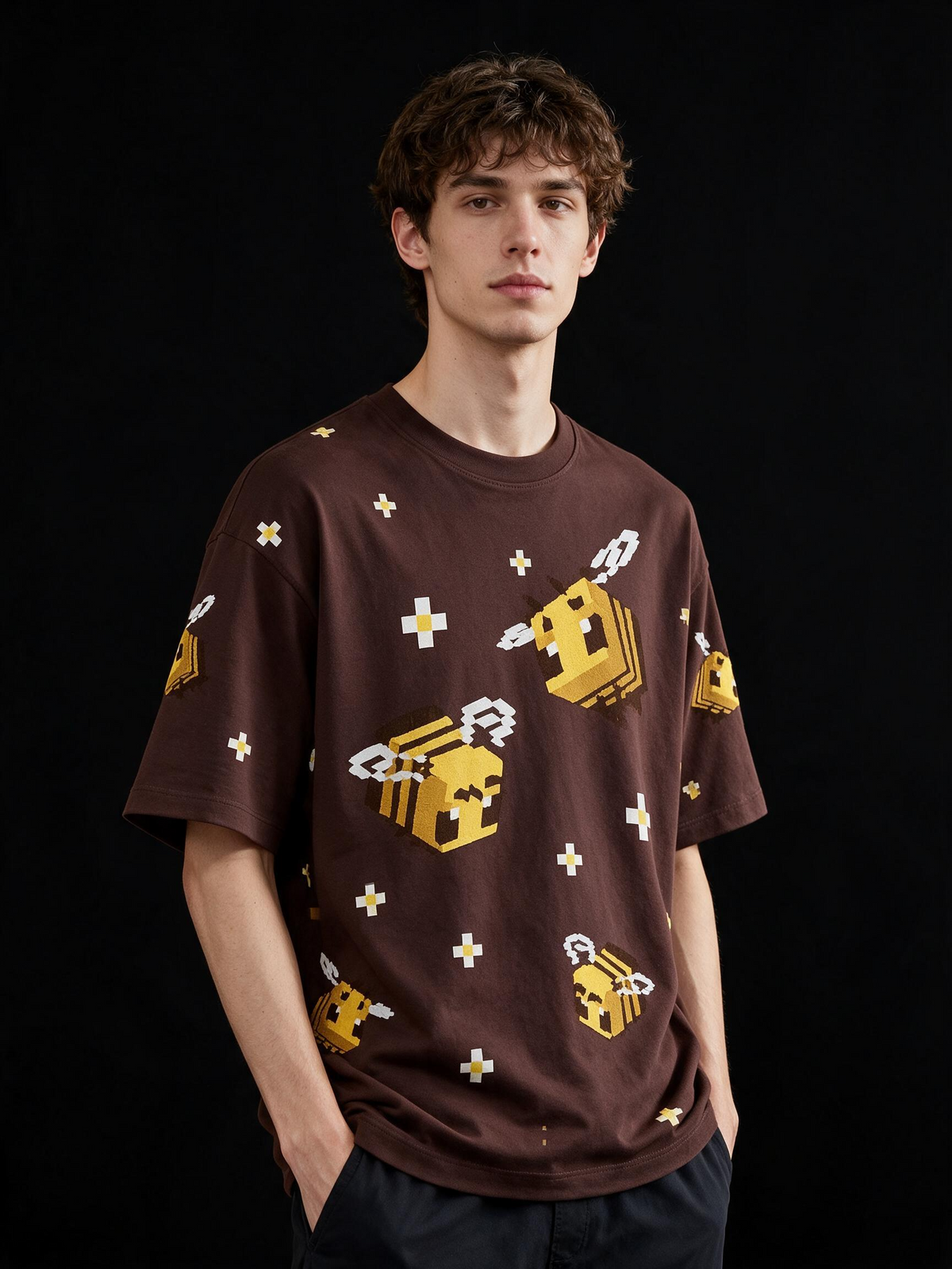 Box Bee All-Over Printed Pure Cotton Oversized Brown T-shirt