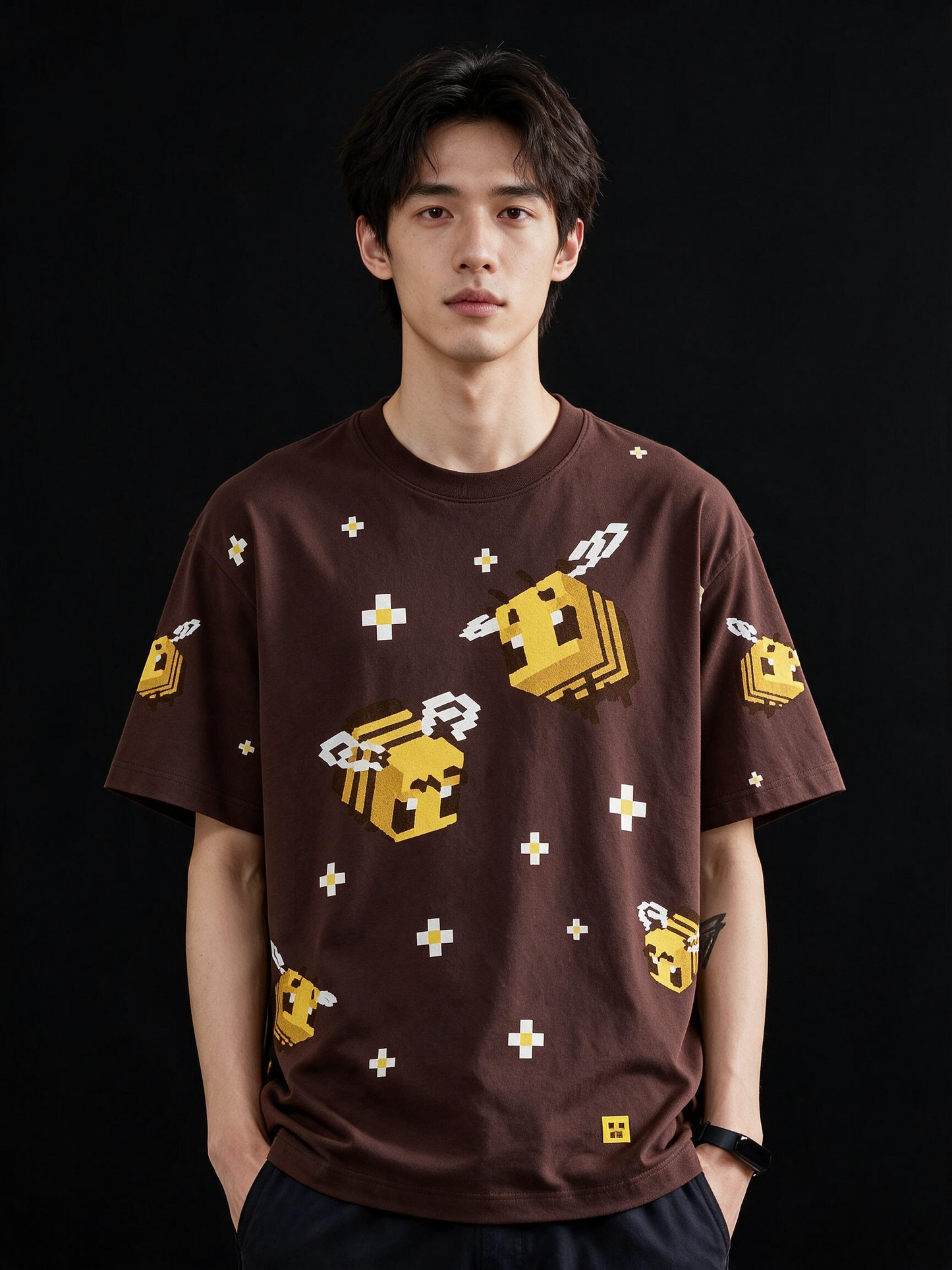 Box Bee All-Over Printed Pure Cotton Oversized Brown T-shirt