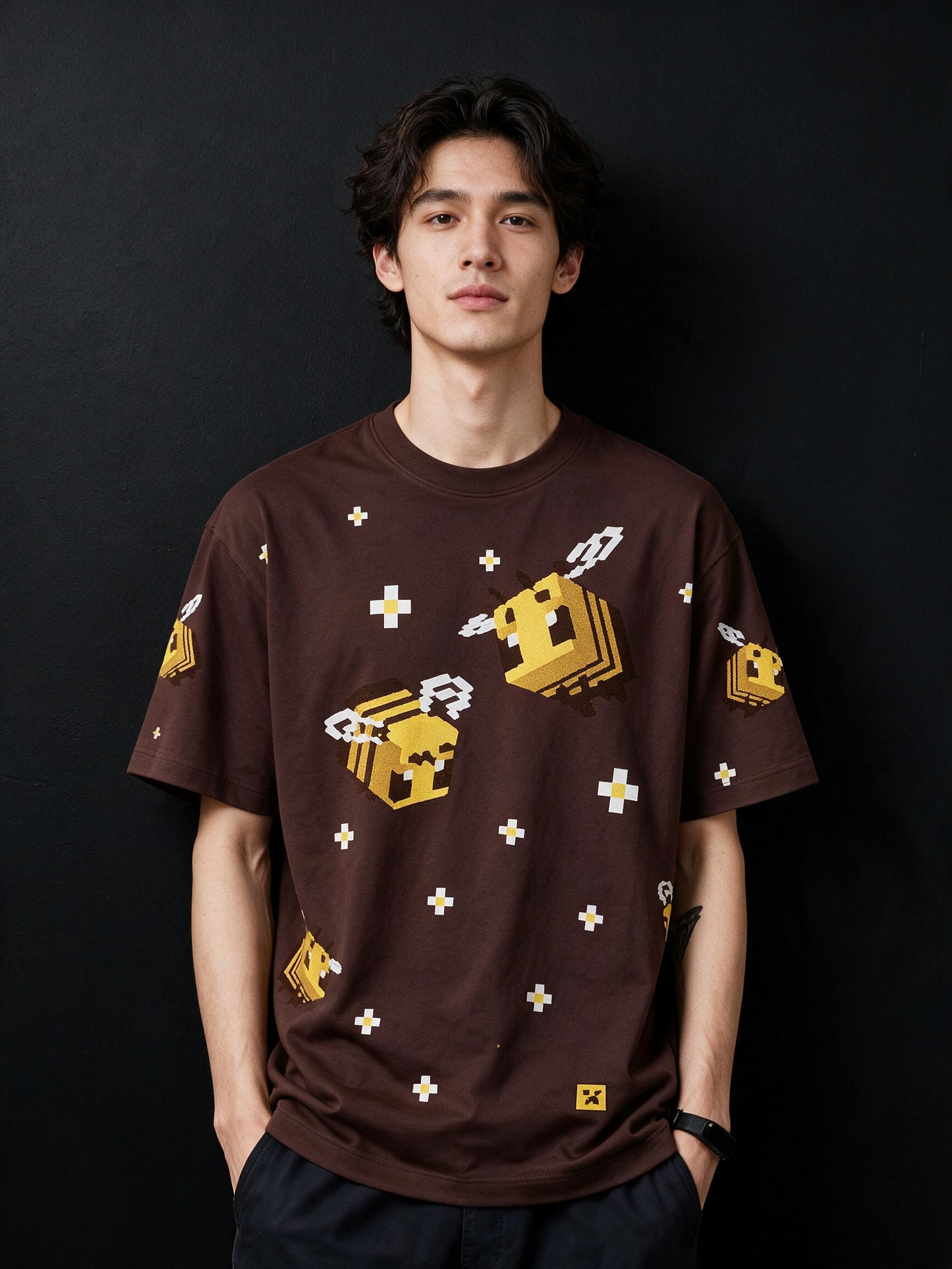 Box Bee All-Over Printed Pure Cotton Oversized Brown T-shirt