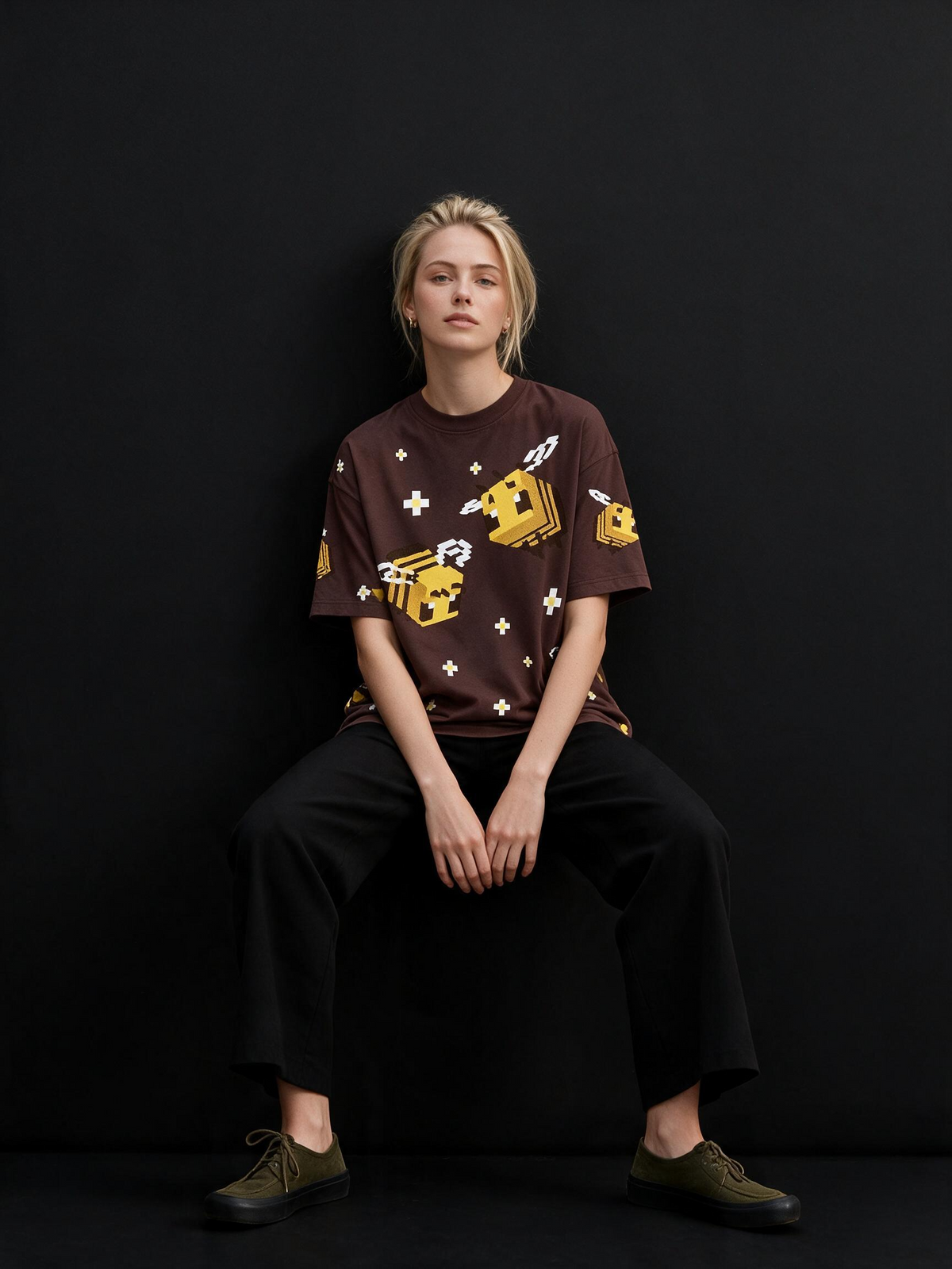 Box Bee All-Over Printed Pure Cotton Oversized Brown T-shirt