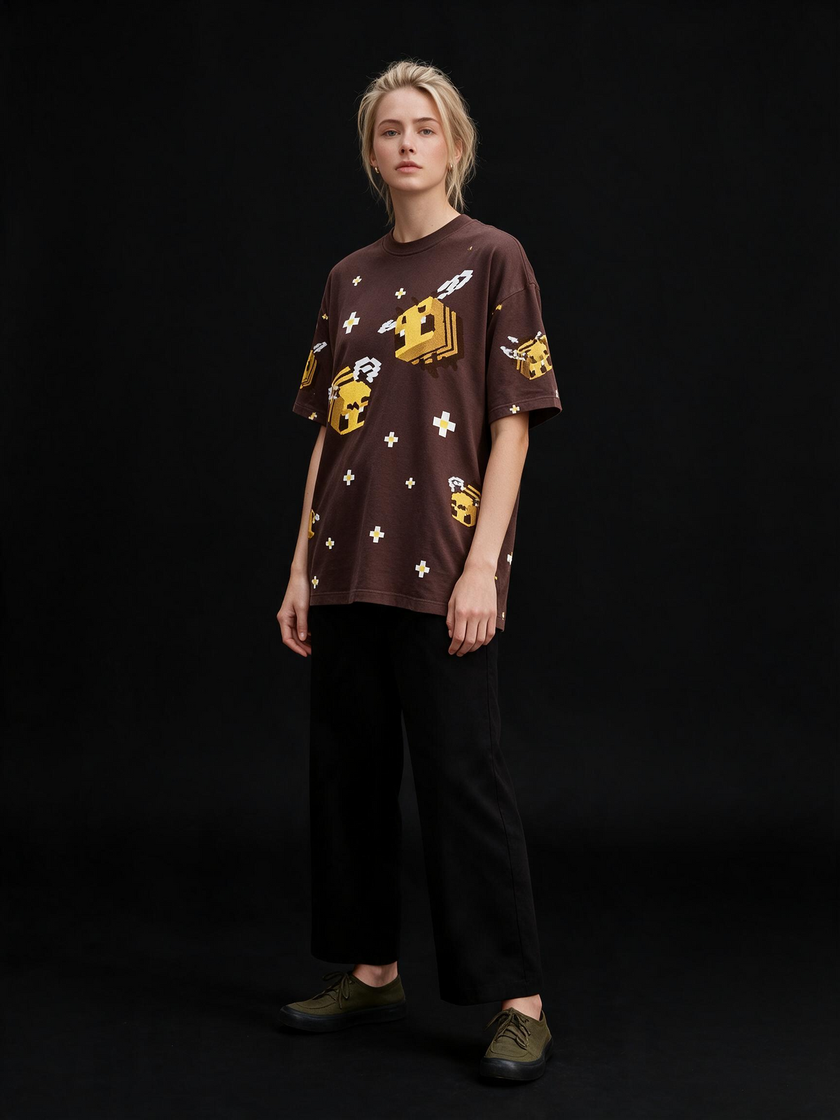 Box Bee All-Over Printed Pure Cotton Oversized Brown T-shirt