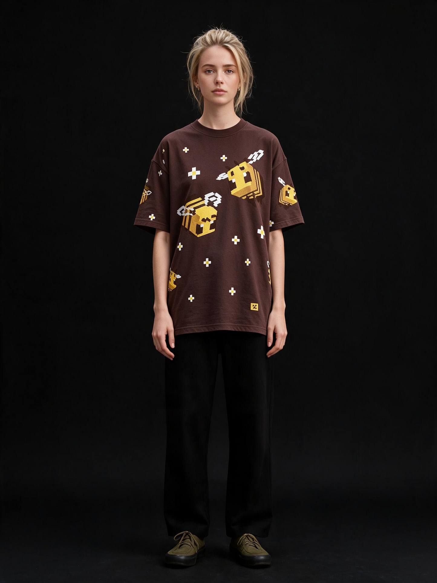 Box Bee All-Over Printed Pure Cotton Oversized Brown T-shirt
