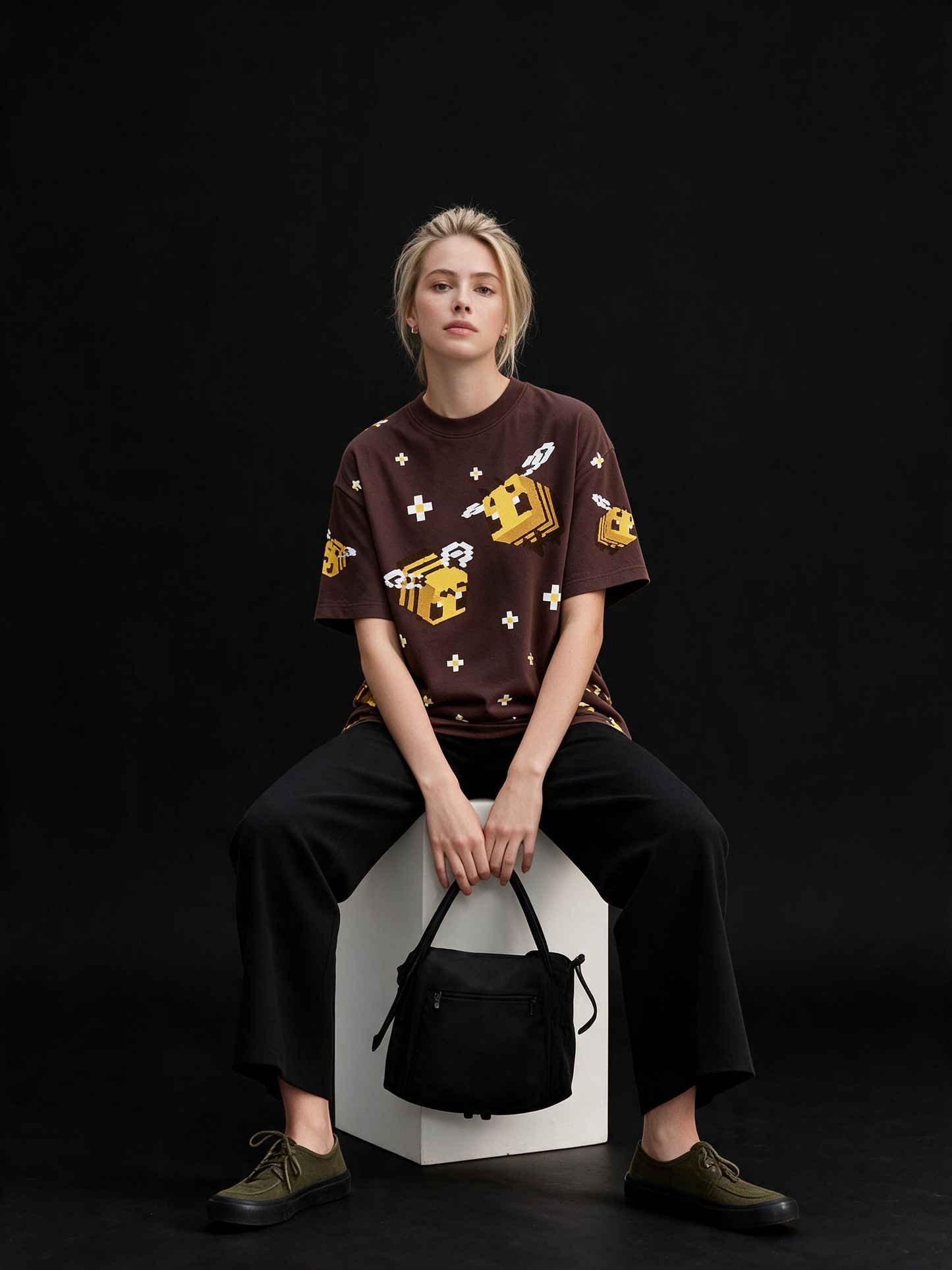 Box Bee All-Over Printed Pure Cotton Oversized Brown T-shirt