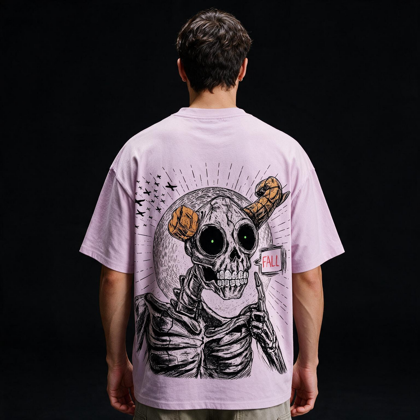 Fall Skeleton Printed Pure Cotton Oversized Lavender T-shirt