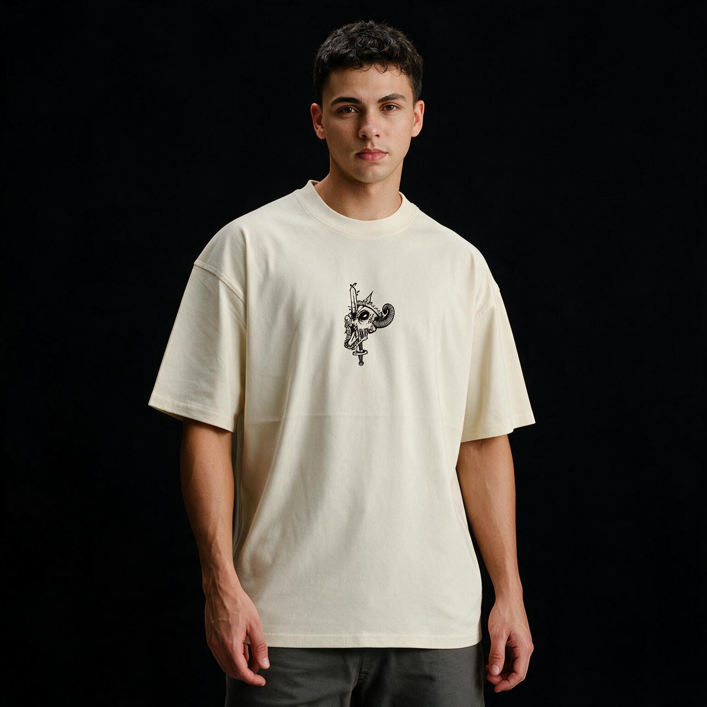 Fall Skeleton Printed Pure Cotton Oversized Off White T-shirt