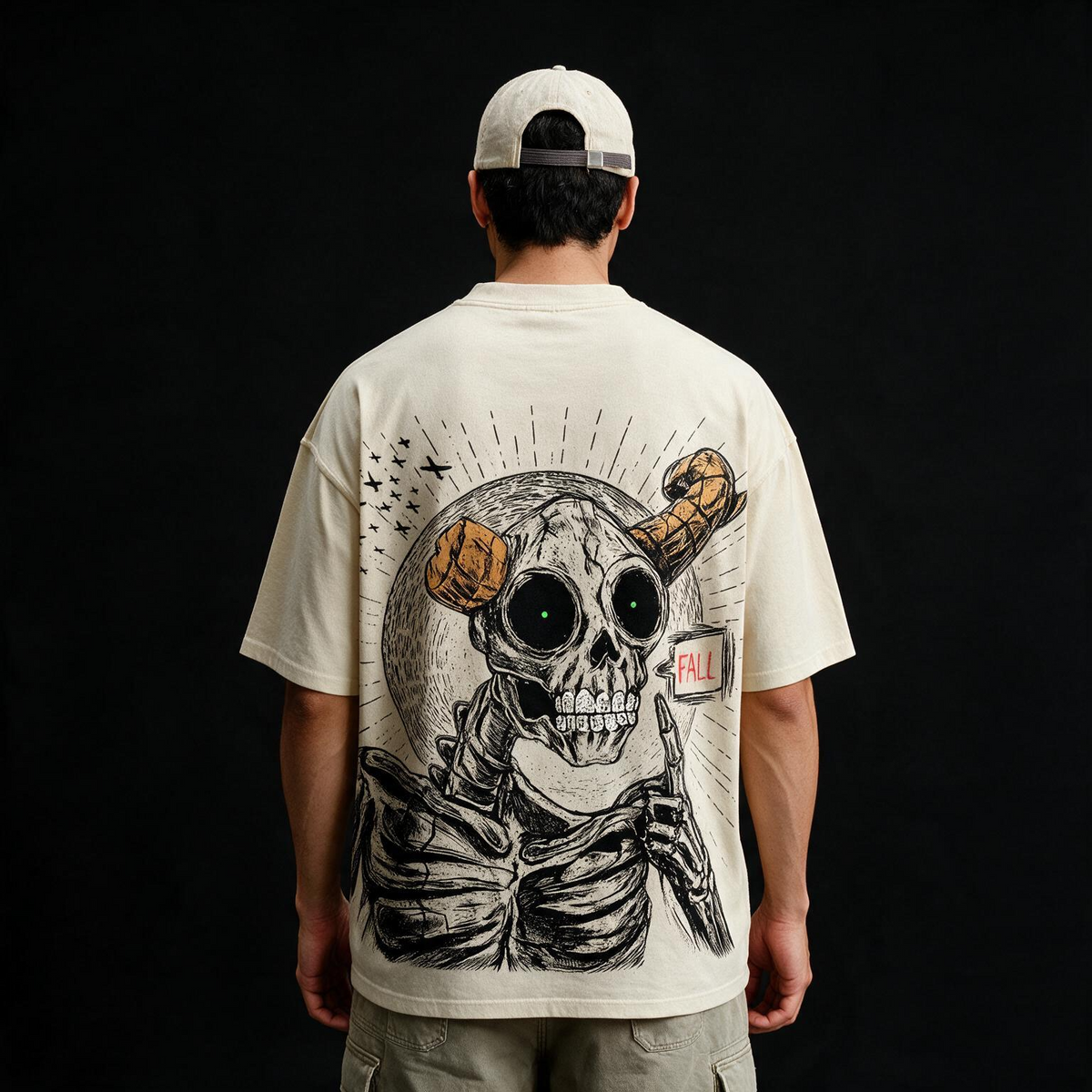 Fall Skeleton Printed Pure Cotton Oversized Off White T-shirt