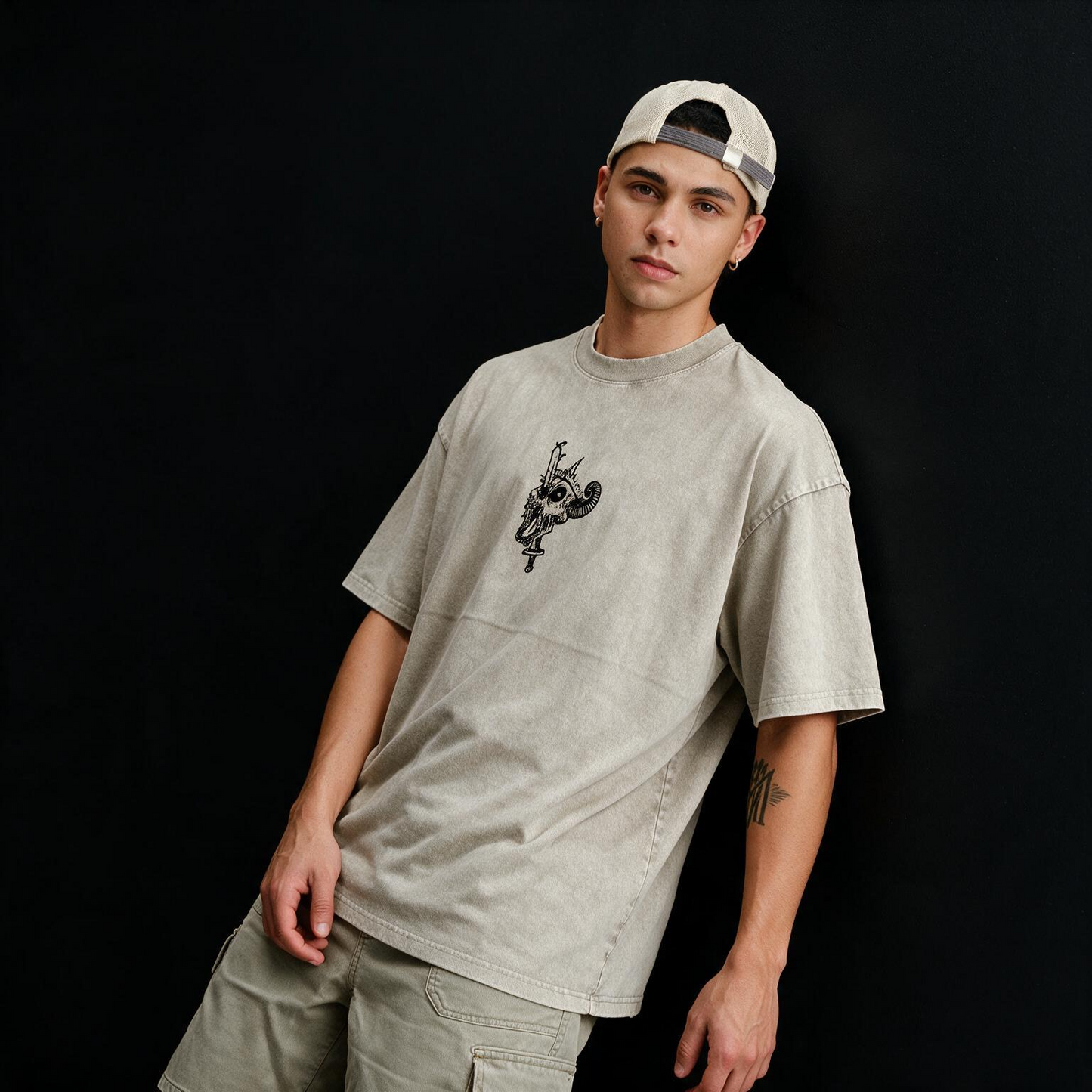 Fall Skeleton Printed Pure Cotton Oversized Off White T-shirt